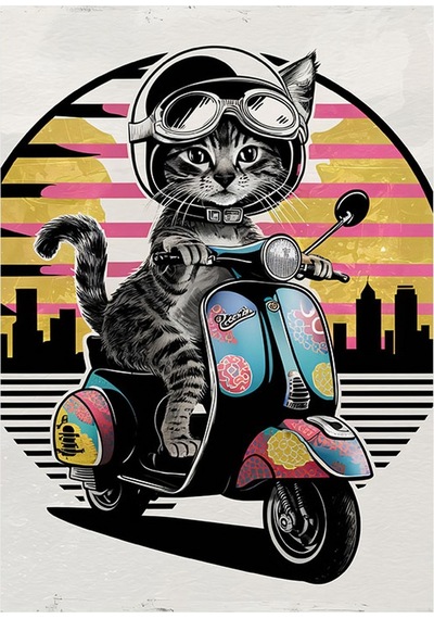 Motosiklet Kullanan Kedi Desenli Ahşap Tablo 35cm X50cm