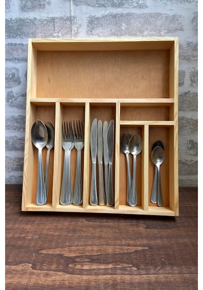 35x40 Cm Çok Bölmeli Ahşap Kaşıklık Ve Kepçelik Seti - Çekmece Düzenleyici- Ahşap Organizer