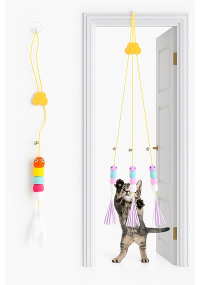 Renkli Kedi Oyuncağı Çıngıraklı Yapışkanlı Askılı Elastik Kedi Oyun Oltası