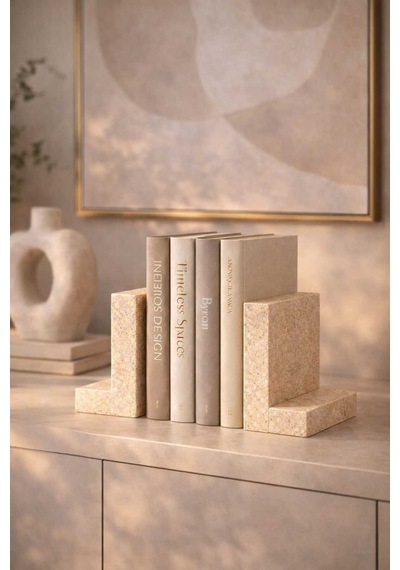 Traverten Mermer Kitap Tutucu 2 Li Set Minimal L Tip Bookend
