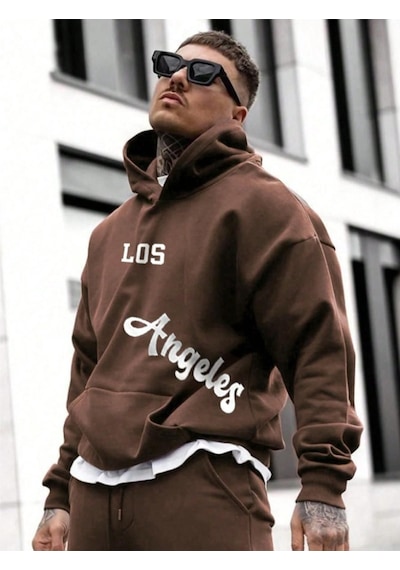 Altamira Erkek Kahverengi Los Angeles Baskılı Oversize Kapşonlu Sweatshirt 001