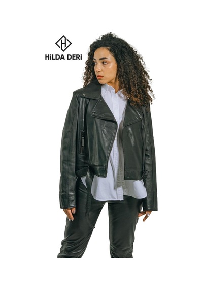 Hilda Deri Emery Biker Tarzı Siyah Oversize Hakiki Kuzu Derisi Kadın Ceket 001