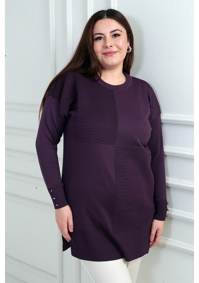 By Saygı Kadın Kolları Düğme Detaylı Büyük Beden Tunik Bluz Mor
