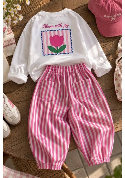 Defy Kız Çocuk Çiçek Baskılı Penye Ve Pantolon Takım Pembe