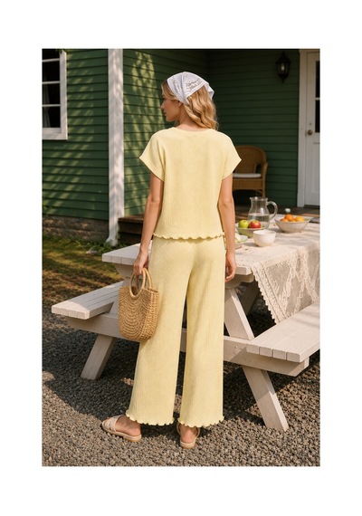 Rindahomewear Bürümcük Kumaş Sarı Düşük Kol Pijama Takım Sarı