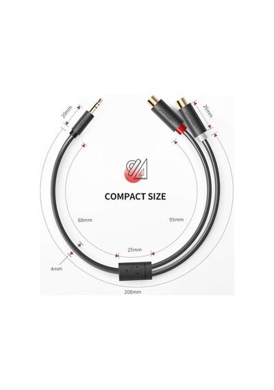 3.5mm Erkek - 2 Rca Dişi Jaklı Stereo Ses Kablosu Y Adaptörü Altın Kaplama Kulaklık Kablosu, 25cm, 10547 Belirtilmemiş
