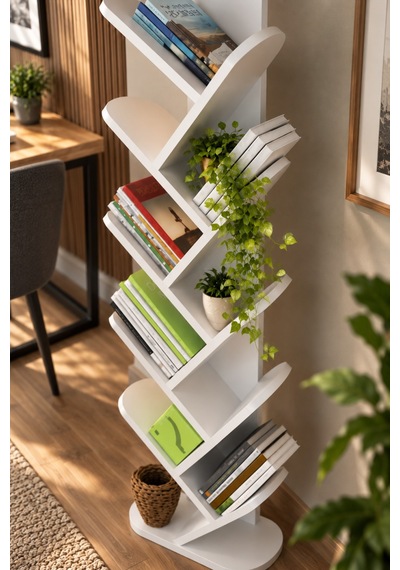Sulorahome 10 Raflı Beyaz Ağaç Kitaplık Antrasit