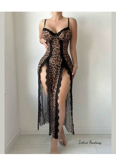 Intive Fantasy Derin Yan Yırtmaçlı Leopar Dantel Detaylı Uzun Fan Leopar