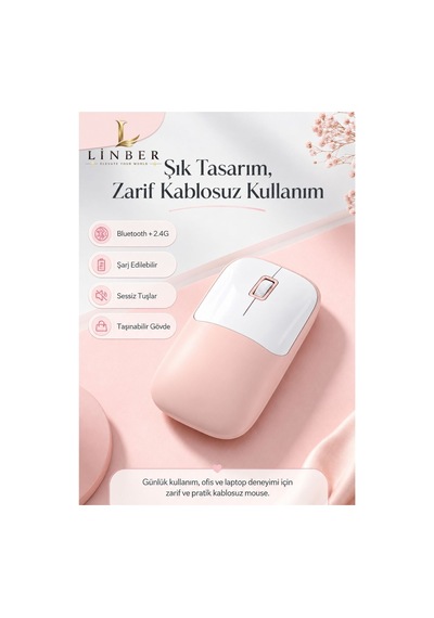 Şarjlı Kablosuz Pembe Mouse Bluetooth + 2.4g Çift Modlu Type-c Şarjlı Sessiz Tuşlu Ergonomik Optik 1200/1600 Dpı Taşınabilir Mouse Çok Renkli Diğer