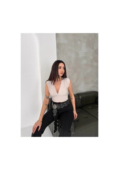 Butik İstanbul Vatkalı Kolsuz V Yaka Drapeli Crop Bluz Likralı Fit - Boyalı Gri