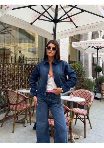 Out Of Standart Kadın Cropped Fermuar Detaylı Denim Ceket Blue