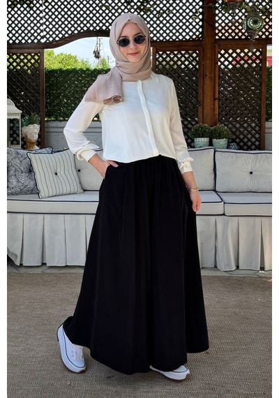 Rabia Şamlı Vera Etekli Pantolon Siyah Normal