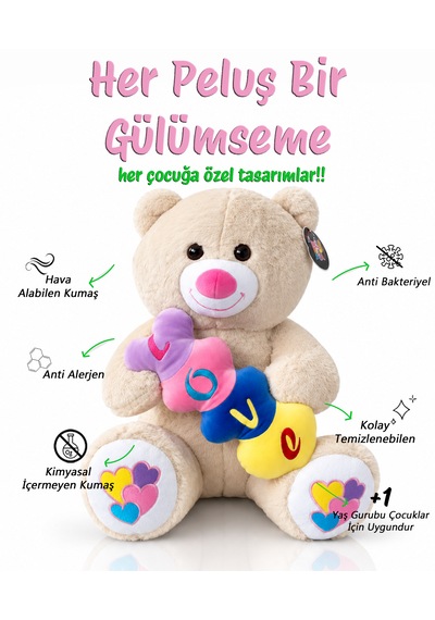 Renkli Kalpli Ayıcık Peluş Oyuncak Ayıcık 60cm - Hediyelik Peluş Oyuncak Açık Kahverengi