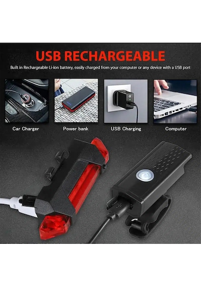 Su Geçirmez Usb Şarj Led Bisiklet Scooter Ön Far Arka Işık Lambası Işık Seti Bisiklet Far Kırmızı  - Siyah