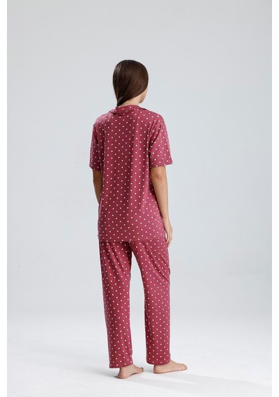 Kompedan Kadın Puantiye Desen Önden Düğmeli Pijama Takım Mürdüm P. Mürdüm