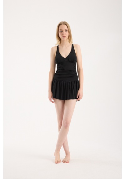 Gugus Kadın Sırt Bağlamalı İçi Çamaşırlı Etekli Mayo Beli Büzgü Detaylı Swimdress Siyah