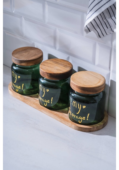 Acar 7937 Pierre 3 Lü Akasya Ahşap Kapak Ve Tepsili Kavanoz Seti 12 Cm - Dark Green Yeşil