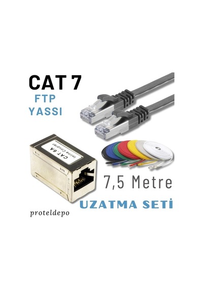 Irenıs 7,5 Metre, Siyah Cat7 Kablo Yassı Ftp Ethernet Network Lan Ağ Kablo Ve Ekleyici