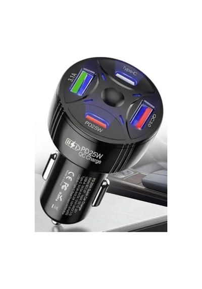 Super Şarj 4 Port Pd25w, Qc3.0, Araç Şarjı Çakmaklık, 2x Usb 2x Type-c, Çoklayıcı, 12-24v, 5v/6a Max,