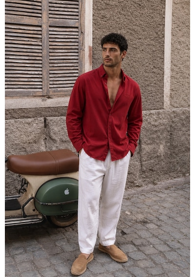 Respire Erkek Minimal Baskılı Oversize Dokulu Gömlek Bordo