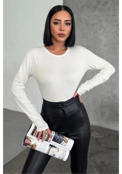 Lisinya Rahat Ve Şık Uzun Kollu Bisiklet Yaka Likralı Viskon Penye Body Ekru Çok Renkli