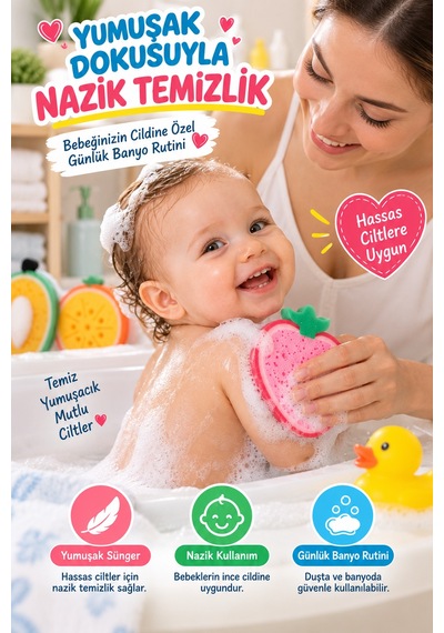Dörtlü Meyve Şekilli Banyo Süngeri Set Bebek Çocuk Yıkama Duş Süngeri Portakal Avokado Çilek Şeftali