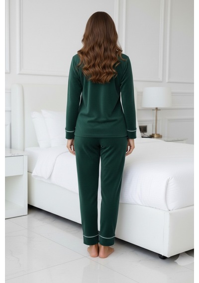 Kadın Kadife Boydan Düğmeli Şerit Detaylı 2'li Pijama Takım ZÜMRÜT