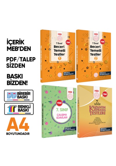 7.sınıf Meb Örnek Soru Bankası Ve Kazanım Kavrama Testleri 4lü Set Renkli Baskı Baskı Ücreti