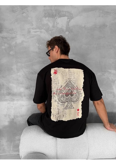 Barlashive Erkek Tişört Kısa Kol Ön Ve Arka Baskılı Oversize Bisiklet Yaka T-shirt - Siyah Çok Renkli