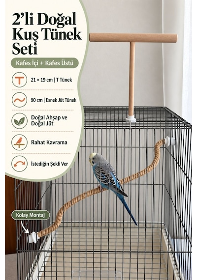 Mivra Pets 2'li Esnek Kuş Tüneği Seti 90 Cm Ahşap Jüt