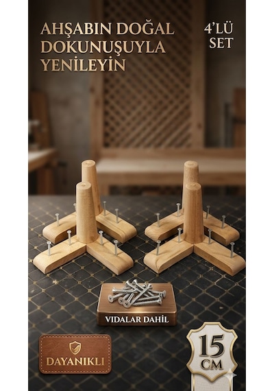 1. Sınıf Gürgen Ağacı 15 Cm 4'lü Set Mobilya Kanepe Koltuk Tv Ünitesi Yükseltme Koltuk Ayağı Ahşap