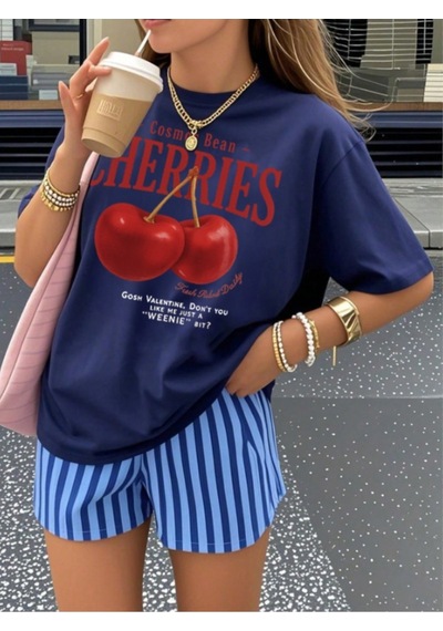 Noıssey Lacivert Red Cherries Baskılı Oversize Unisex