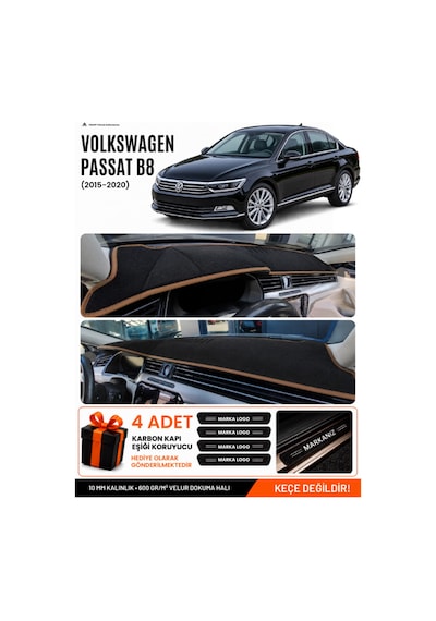 Volkswagen Passat B8 2015-2020 Uyumlu Torpido Örtüsü, Torpido Kılıfı - Siyah Kahverengi