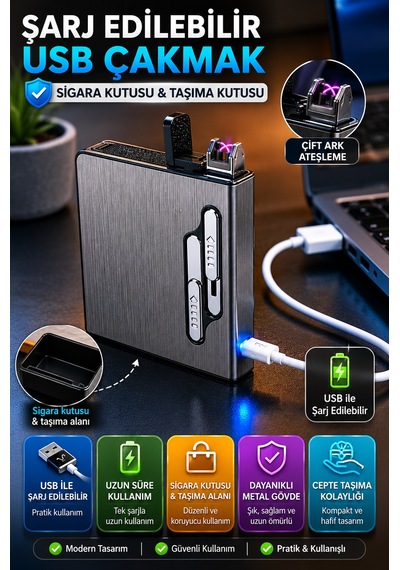Şarj Edilebilir Usb Çakmak Sigara Taşıma Kutusu Metal Gövde Arc Ateşleme 20 Li