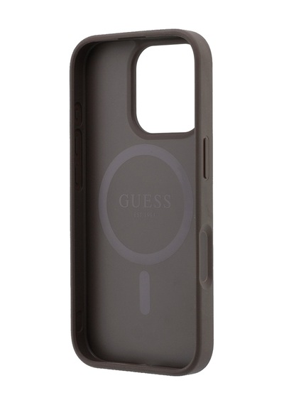 İphone 16 Pro Uyumlu Kılıf Guess Lisanslı M-safe Kabartmalı 4g Desenli Yazı Logolu Kapak Kahverengi