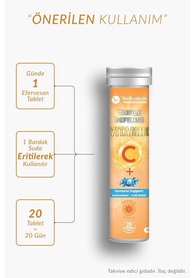 Triple Defense Efervesan Tablet 1000 Mg C Vitamini Çinko D3 Portakal Aromalı 20 Tablet