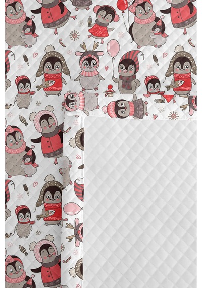 Evimde Bambaşka Penguen Pembe Kız Çocuk Pike Takımı - Sevimli Gri Bebek Odası Mevsimlik Yatak Örtüsü - 160x220  CM