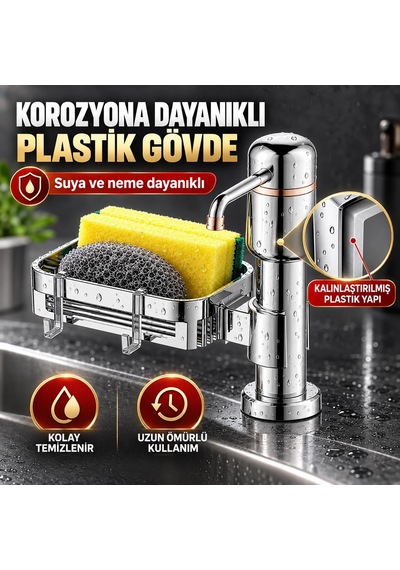Valkyrie 2 Si 1 Arada Mutfak Sıvı Sabunluk Ve Süngerlik Seti Tezgah Üstü Pompalı Dispenser 360 Döner Gümüş