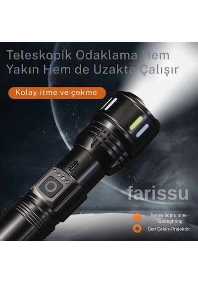 Rt-171 1000 Lümen 50w Şarjlı Led El Feneri 5 Modlu, Teleskopik Odaklamalı, Suya Dayanıklı Siyah