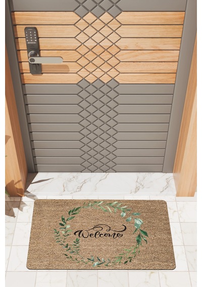Rugmood Modern Dijtal Baskı Yeşil Yaprak Çerçeveli Welcome Kapı Önü Paspası Çok Renkli