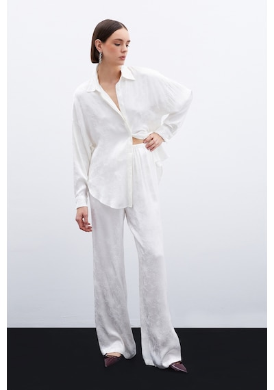 Sateen Jakarlı Saten Pantolon - Ekru-136050 Ekru