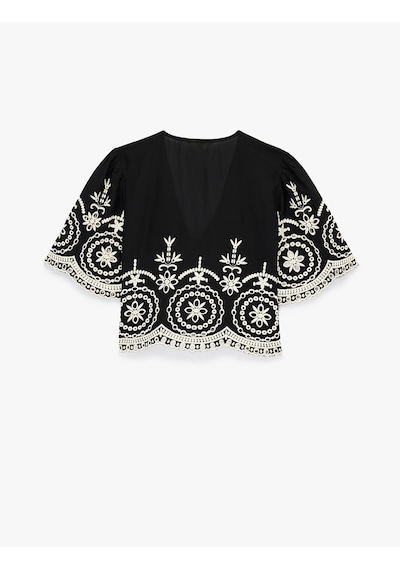 Koton Pamuklu Kısa Karpuz Kollu Bağlamalı Brodeli Crop Bluz Siyah Desenli 6sak60325uw Koton Pamuklu Kısa Karpuz Kollu Bağlamalı Brodeli Crop Bluz Siyah Desenli 6sak60325uw