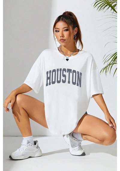 Unisex Houston Baskılı Tasarım Tshirt Beyaz