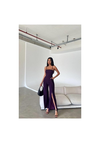 DefyModa Kadın Krep Kumaş Yırtmaçlı Askılı Tulum Mor