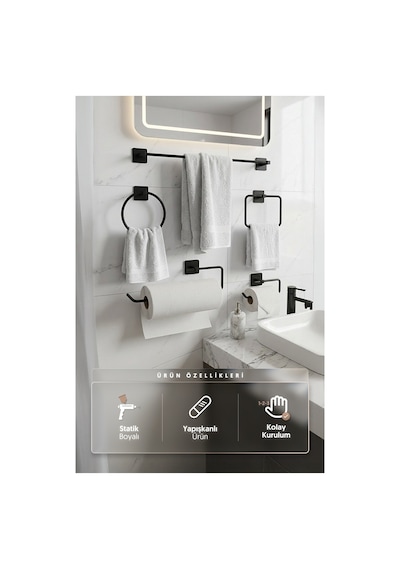 Alper Banyo Kare 5'Li Banyo Aksesuar Seti Uzun Havluluk, Solo Havluluk, Halka Havluluk, Fön Askısı Ve Tuvalet Kağıtlığı