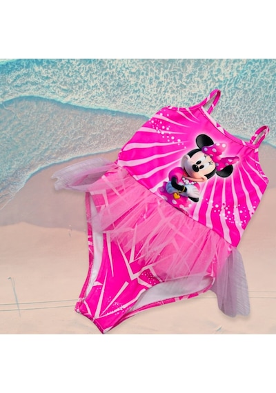 Lolliboomkids Kız Çocuk Balerin Mickey Kalp Kolye Baskılı Mayo Uçuk Pembe Renk Tül Tütü Detaylı Son Sezon Pembe