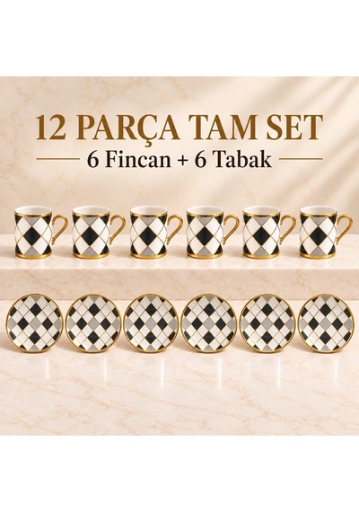 Valkyrie 6 Kişilik 12 Parça Türk Kahvesi Fincan Seti Gold Kulplu Siyah Beyaz Baklava Desen K654-c