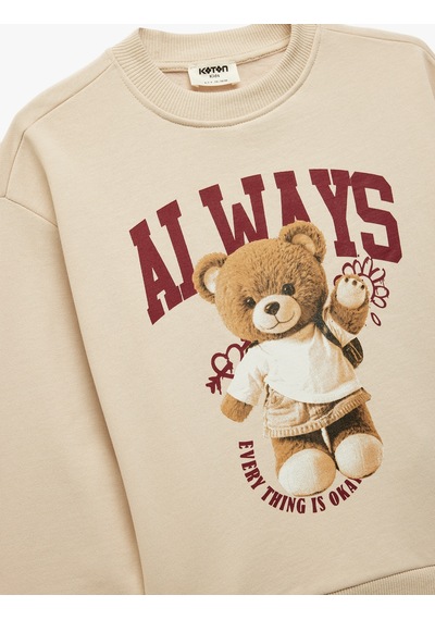 Koton Ayıcık Baskılı Pamuklu Uzun Kollu Bisiklet Yaka Sweatshirt Bej 7wkg10036ak Ekru