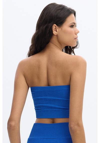SubTone Dikişsiz Rib Dokulu Straplez Crop Top Cobalt Mavi
