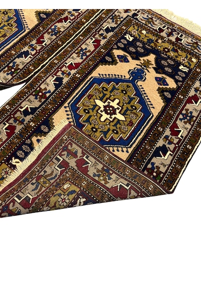 El Dokuma Çift Üst Düzey Yahyalı Halısı 96x170 Lacivert Krem Kök Boya Yün Lacivert